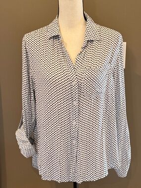 Velvet Heart Black & White Long Roll-up Sleeve Button Down Blouse, Size Large